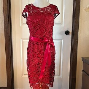 Adrianna Papell Red Midi Dress with Cap Sleeves